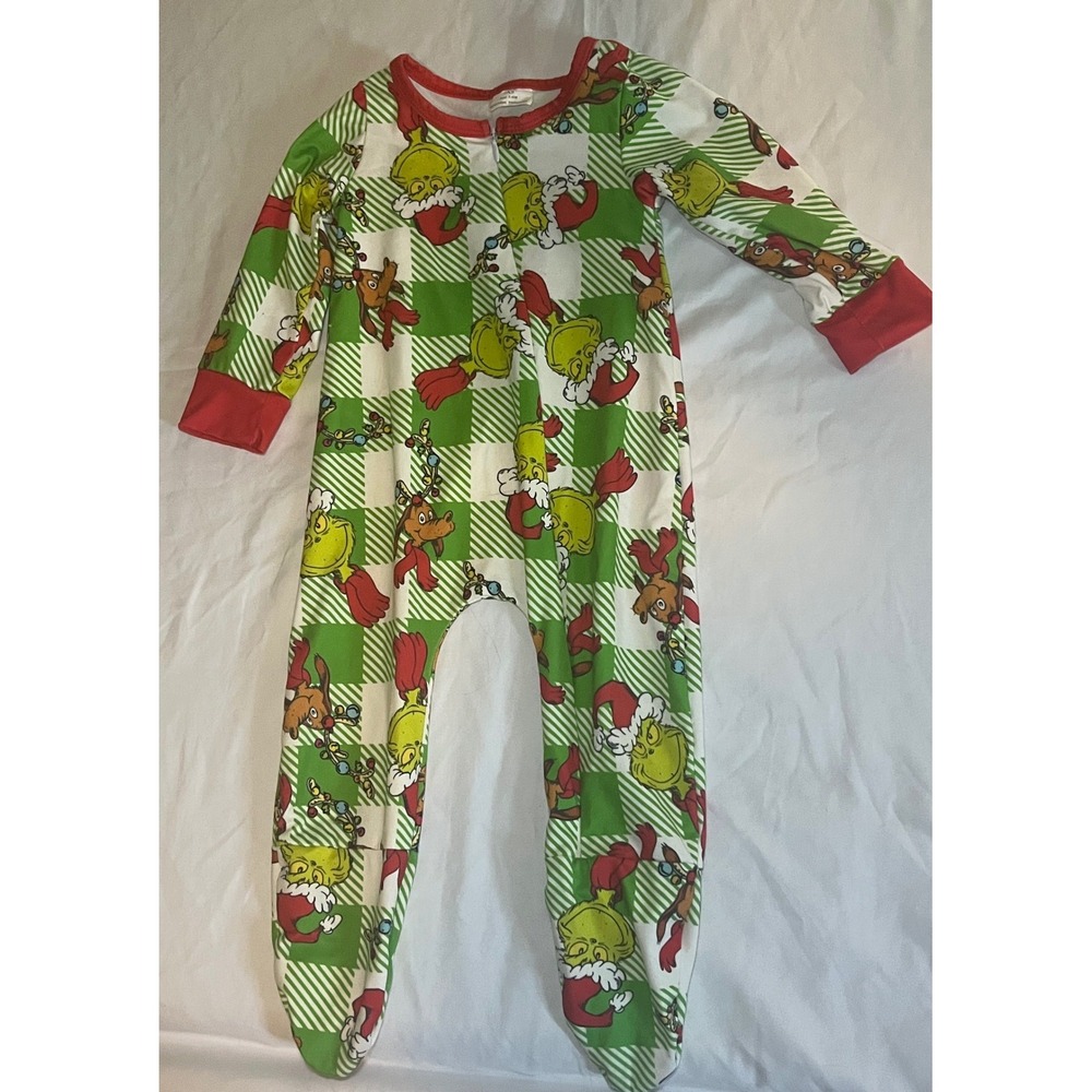 The Grinch Christmas Footed Sleeper Green Checkered Holiday Pajamas 3-6M